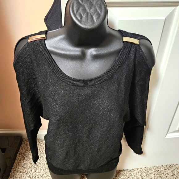 Classic Black Shimmery Cold Shoulder Sweater with Fine Knit - Picture 2 of 14